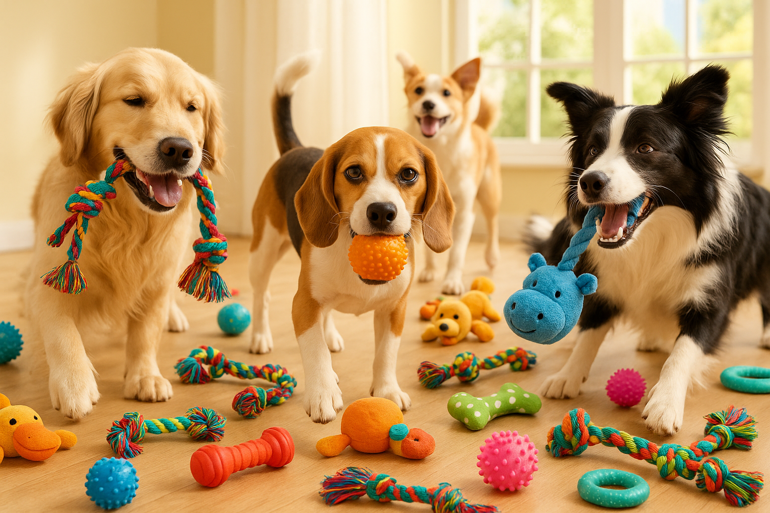 dogs play whit toy from store
